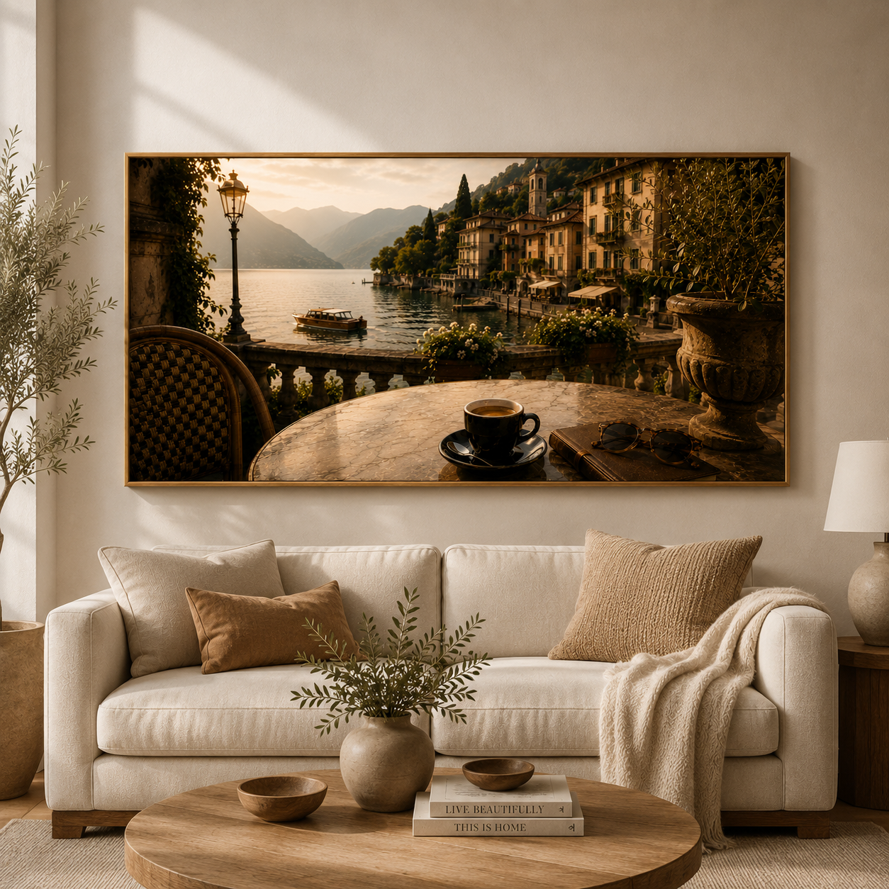 Guter Kaffee - Italian Lakeside Coffee Wall Art | Digital Download | Luxury European Café Printable | 60x30 Landscape Print