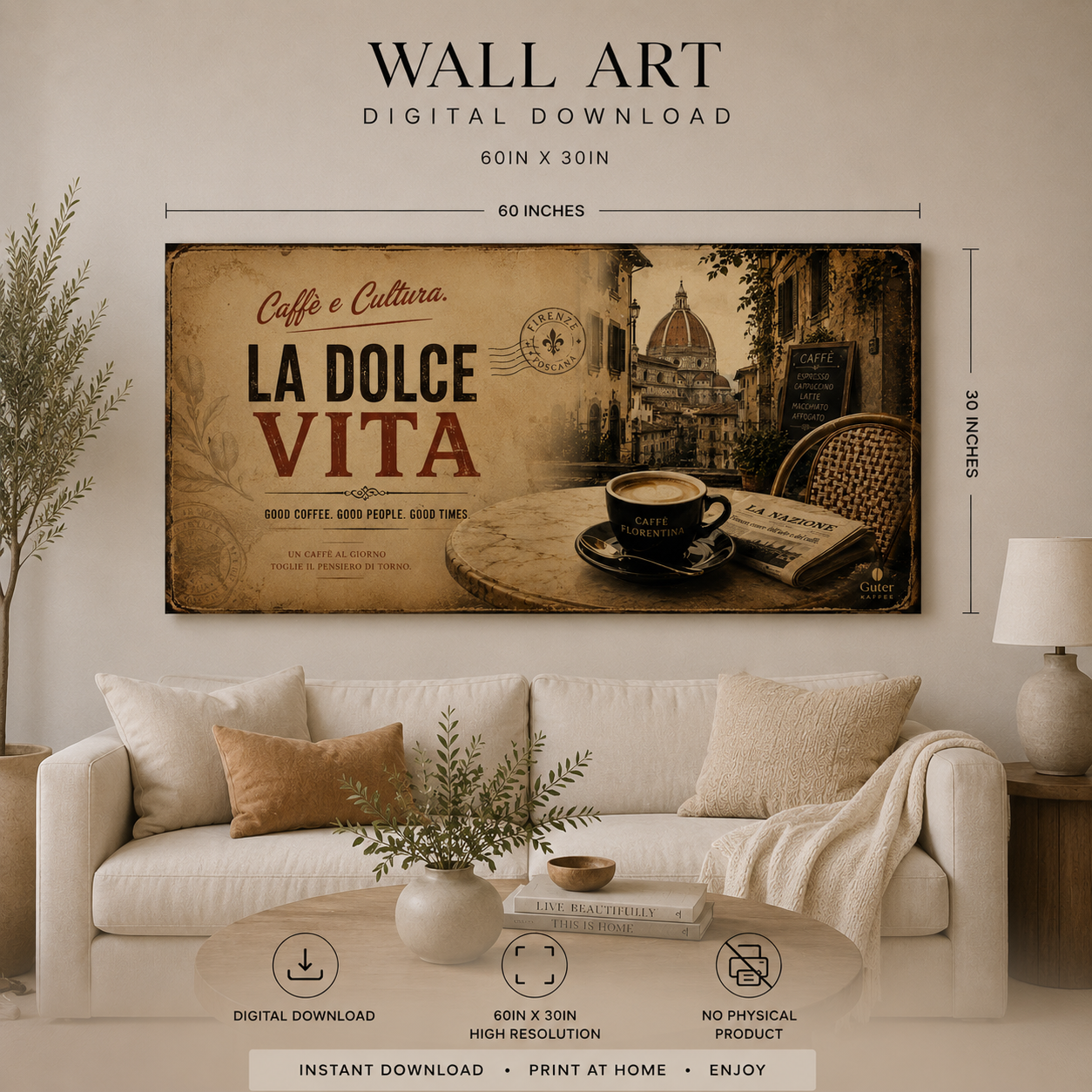 Guter Kaffee - Vintage Italy Coffee Wall Art | Digital Download | Luxury European Café Printable | 60x30 Landscape Print