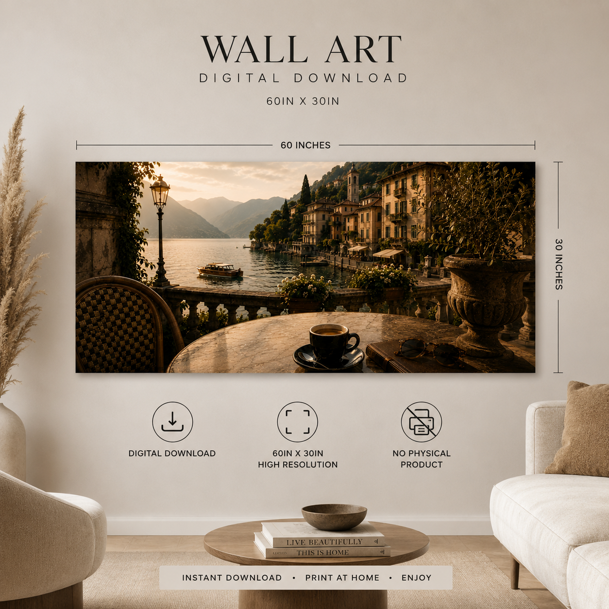 Guter Kaffee - Italian Lakeside Coffee Wall Art | Digital Download | Luxury European Café Printable | 60x30 Landscape Print