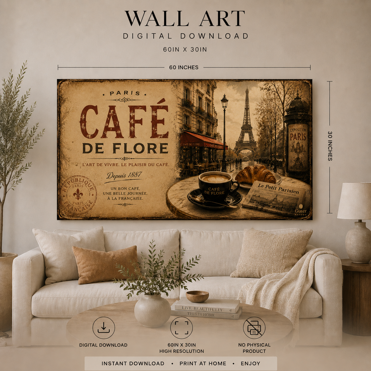 Guter Kaffee - Vintage Paris Coffee Wall Art | Digital Download | Luxury European Café Printable | 60x30 Landscape Print